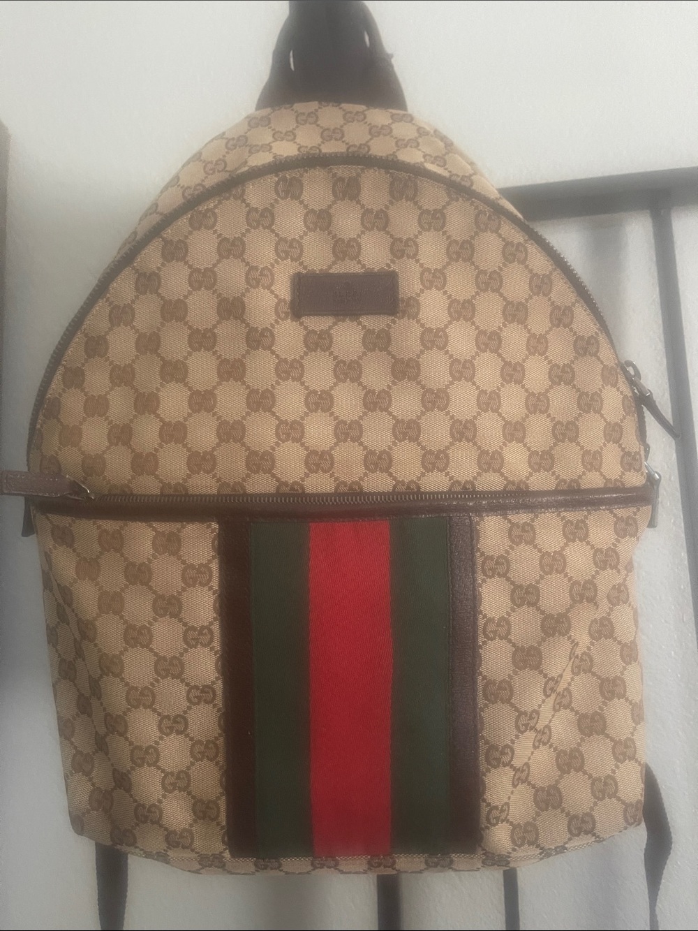 Gucci Beige Monogram Backpack with Red and Green Stripe